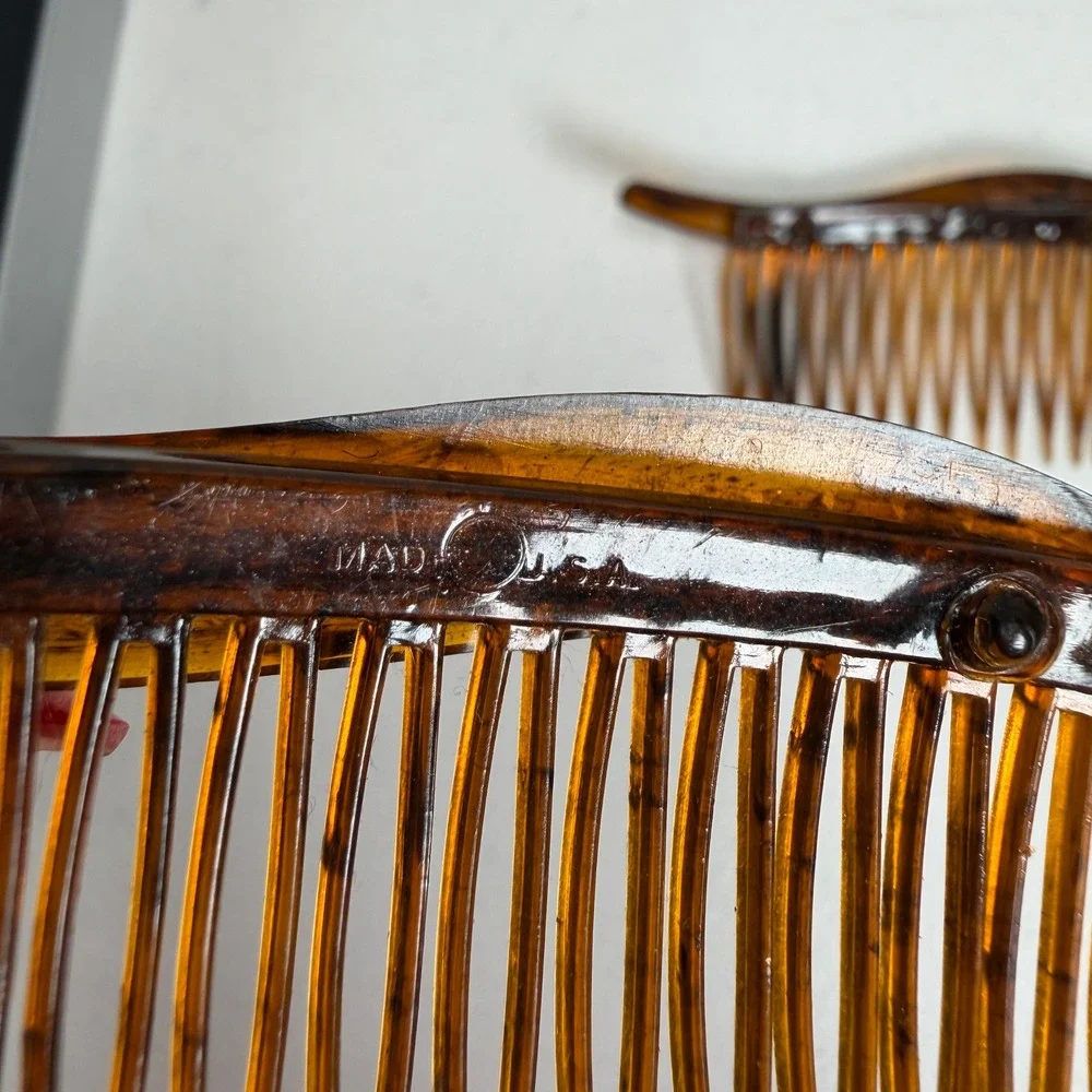Vintage 90s Hair Comb Set Faux Tortoise Rhinestone Wave Made in USA Lot Of 2